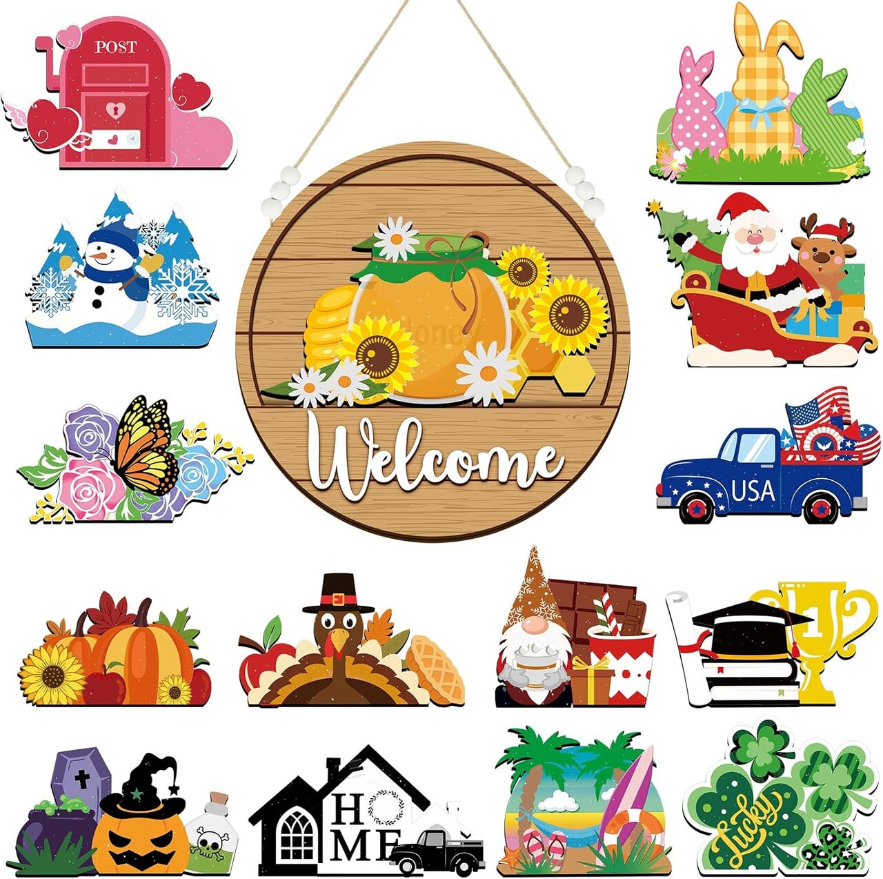 16-Piece Interchangeable Seasonal Welcome Sign – 12” Rustic Farmhouse Front Door Hanging Decor with 15 Changeable Holiday Icons for Thanksgiving, Christmas, Winter & Year-Round Home Decorations (White Text, Wood Back)